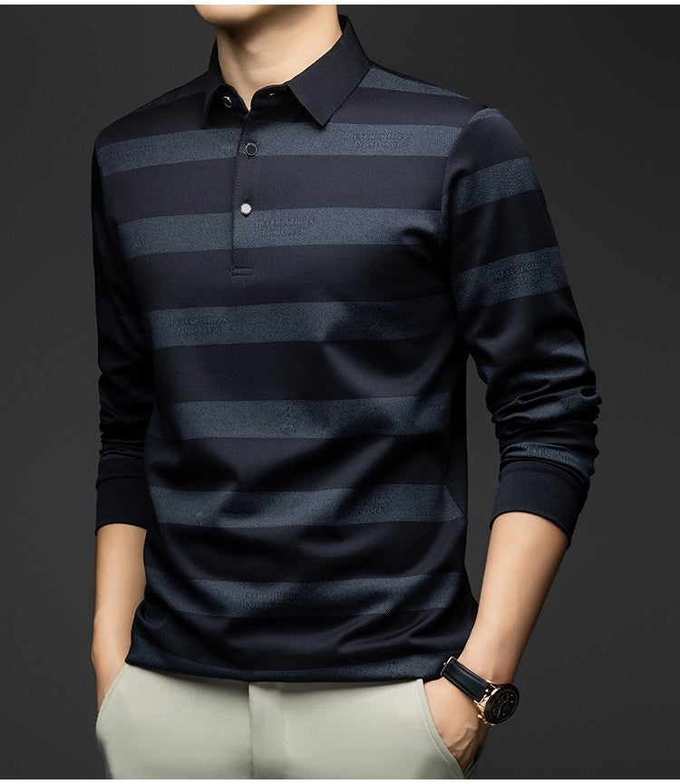 BROWON Elegant Mens Polo Shirts 2025 Spring Autumn Long Sleeve Lapel Collar Big Striped Pattern T-shirt Male New in Tops & Tees