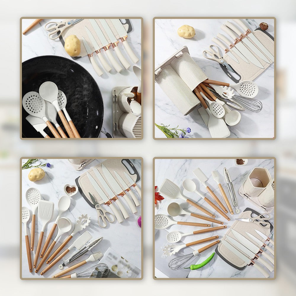 MDHAND Kit de Utensílios de Cozinha de Silicone Resistente ao Calor com 20 Peças, com Cabos de Madeira, Facas, Colher de Sopa com Tesouras, Cozinhe Sem Complicações