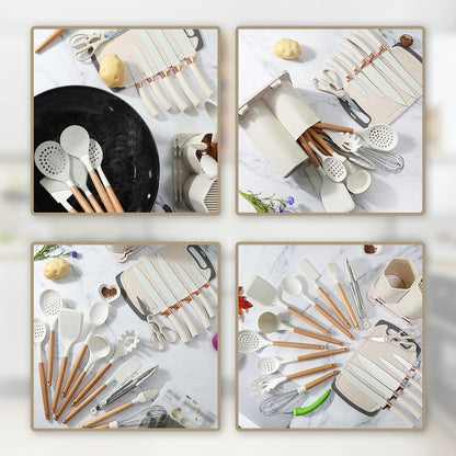 MDHAND Kit de Utensílios de Cozinha de Silicone Resistente ao Calor com 20 Peças, com Cabos de Madeira, Facas, Colher de Sopa com Tesouras, Cozinhe Sem Complicações