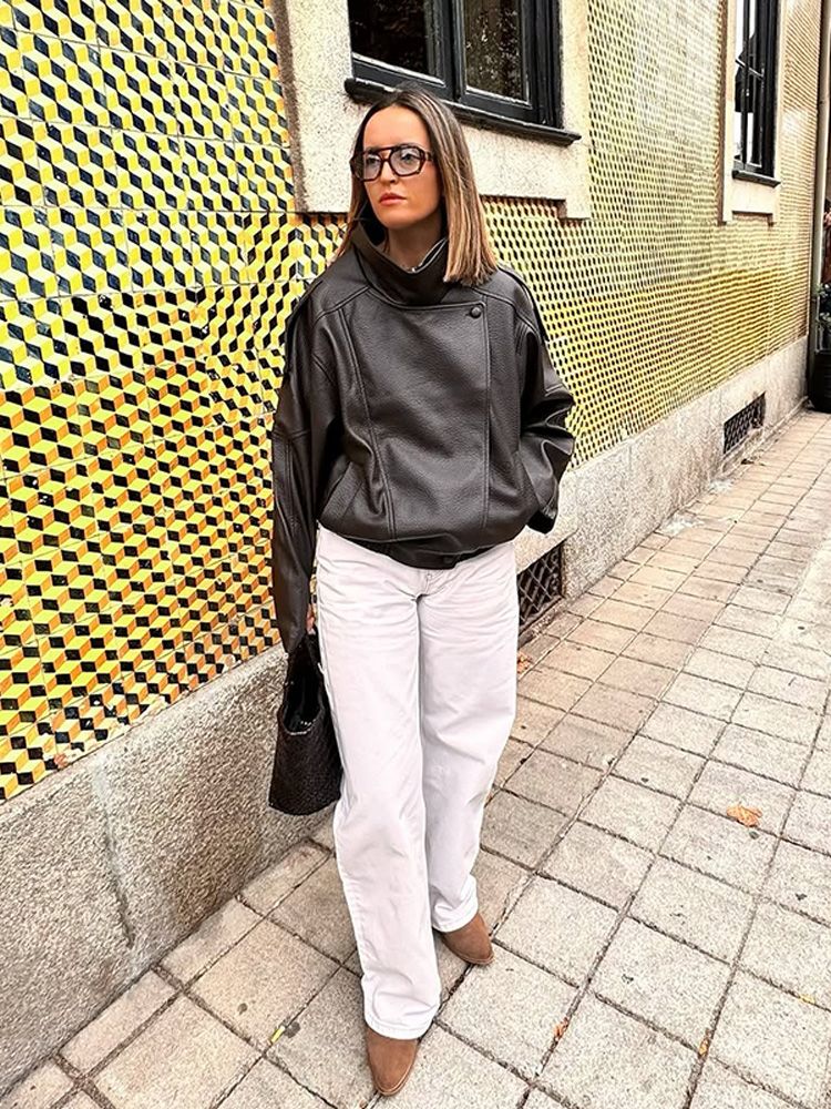 Faux Leather Stand Collar Bomber Jacket Women Locomotive Epaulet Slant Opening Ruched Coats Fashion Autumn Winter Lady Outerwear