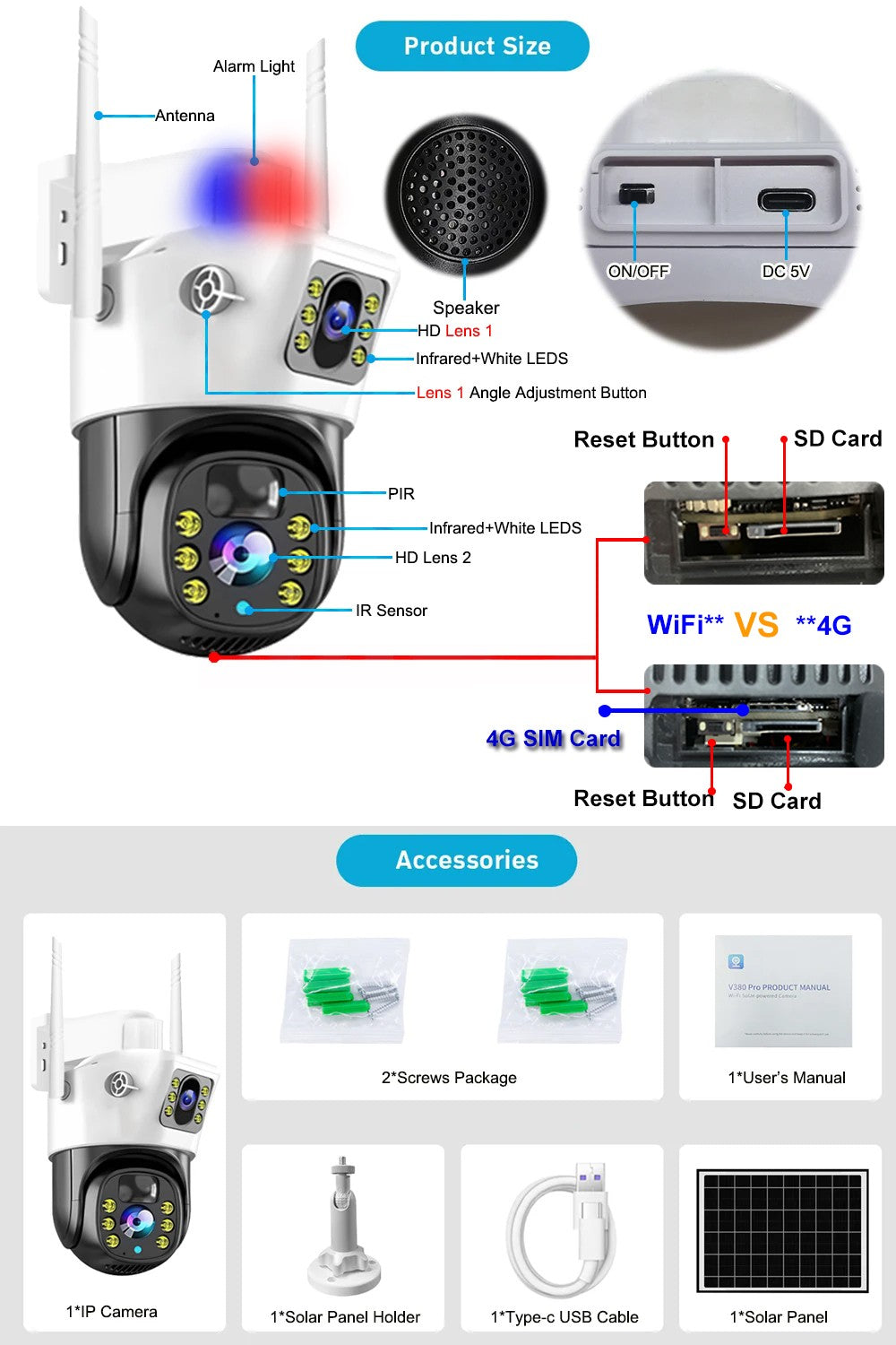 10X Zoom 4G SIM Solar Camera Dual Lens Outdoor Waterproof WiFi Solar IP Security Protect PIR Human Detection CCTV Cameras V380