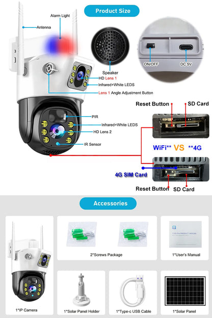 10X Zoom 4G SIM Solar Camera Dual Lens Outdoor Waterproof WiFi Solar IP Security Protect PIR Human Detection CCTV Cameras V380
