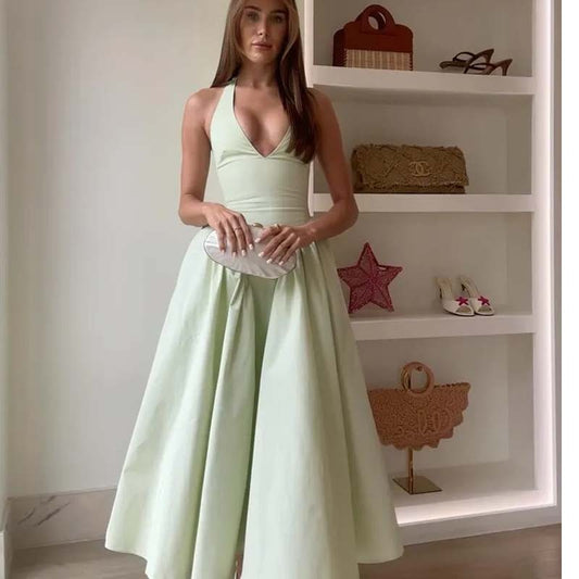 YENKYE Sexy Backless Green Elegant Halter Dress For Women Low Waist A-line Midi