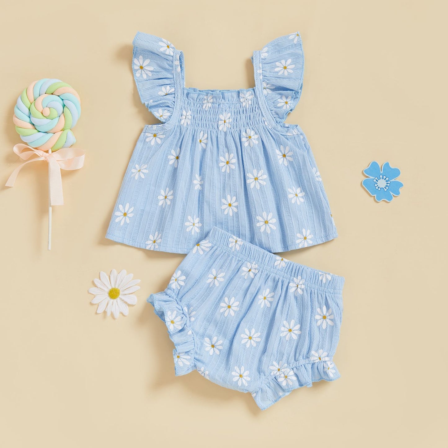 Baby Girl Daisy Outfit Toddler Girls Flying Sleeve Babydoll Tops Elastic Waist Ruffle Shorts Cute Summer Clothes 2Pcs Sets
