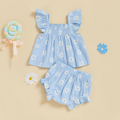 Baby Girl Daisy Outfit Toddler Girls Flying Sleeve Babydoll Tops Elastic Waist Ruffle Shorts Cute Summer Clothes 2Pcs Sets