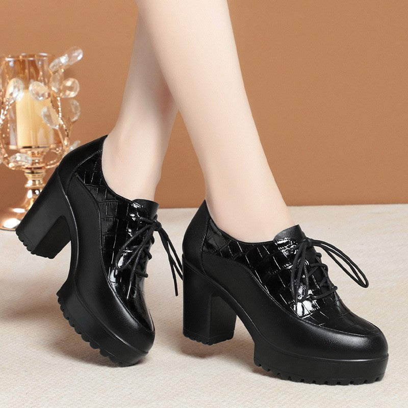 Deep Mouth Soft Leather Shoes Women Oxfords Platform Pumps High Heels Shoes Black Lace up Office Work Pumps Shoes Comfortable