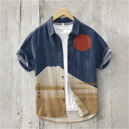 Men's Japanese Text Art 3D Printing Short Sleeved Shirt, Lapel Cardigan, Linen Bamboo knot, Cotton Button, Loose Hawaiian Shirt