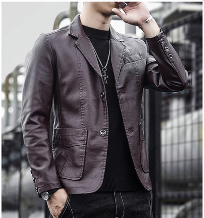 2024 New Men Business Casual Leather Jacket Black / khaki Fashion Male Suit Collar Coats Large Size 5XL Slim Fit Top