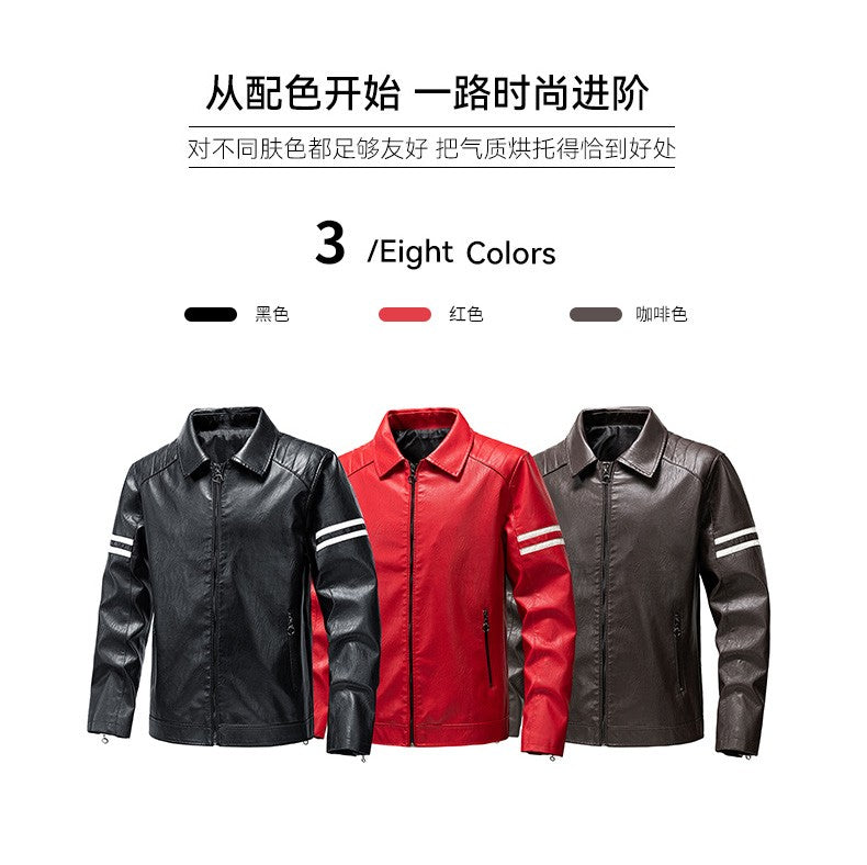 Men's Season Pu Motorcycle Leather Jacket Solid Color Lapels Jacket Coats Fashion Men's Top