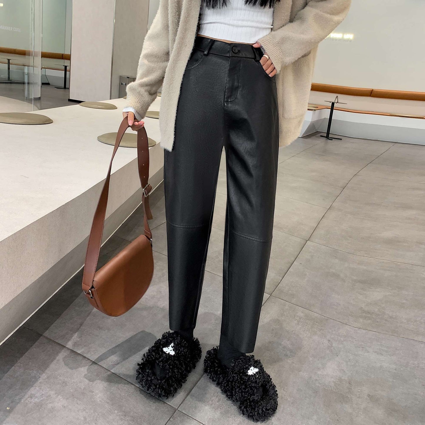 Autumn Winter PU Leather Vintage Women's Ankle Length Pants 2024 New High Waist Zipper Black Straight Pants Female Pockets