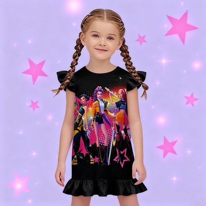 K-POP Demo Hunte Printed Sleeping Skirt Big Butterfly Sleeve Loose Pajamas Children Girls Sleeping Clothing Casual Home Wear