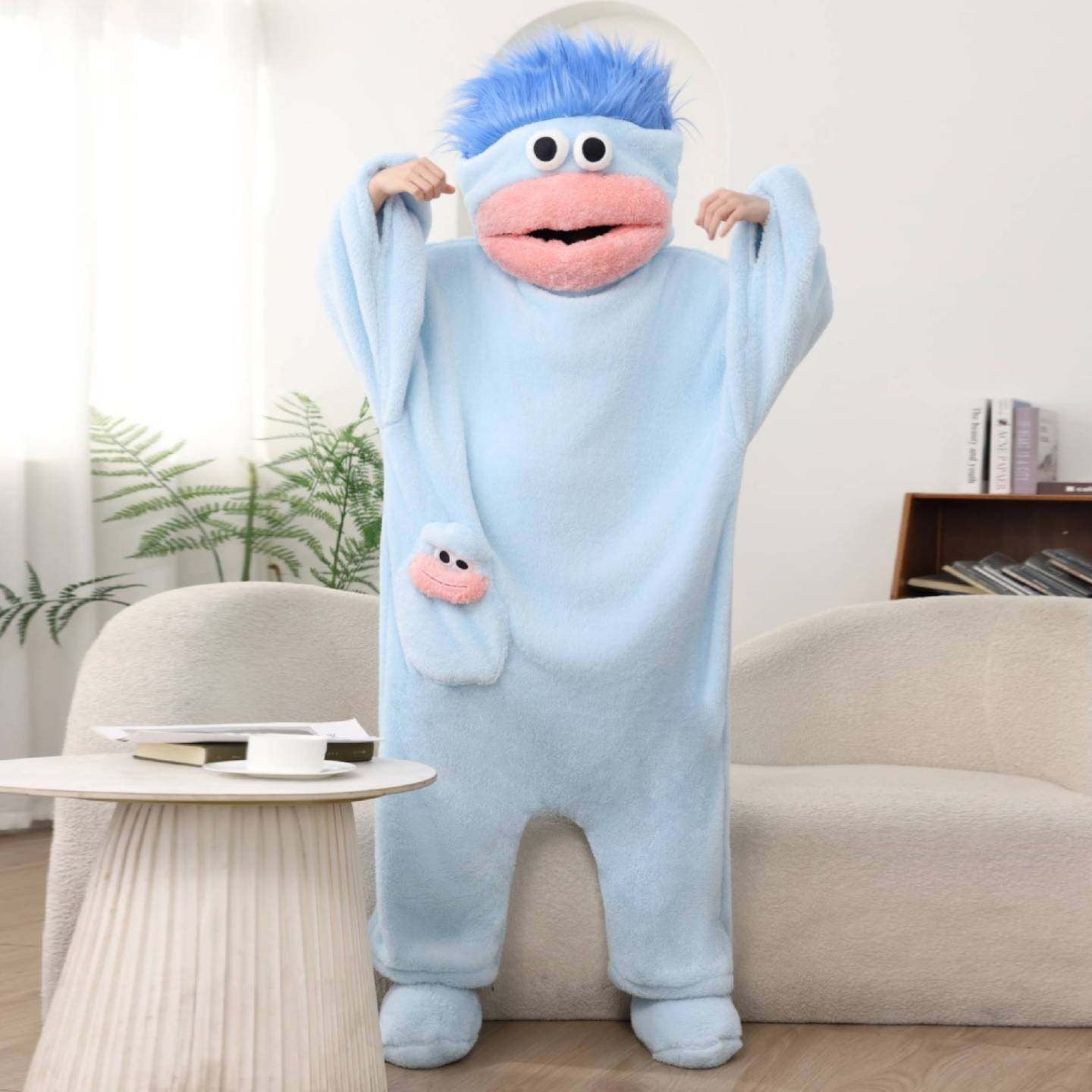 Funny Big Mouth Monster Onesie Pajamas Fluffy Coral Fleece Hooded Loungewear with Pocket Cartoon Party Costume