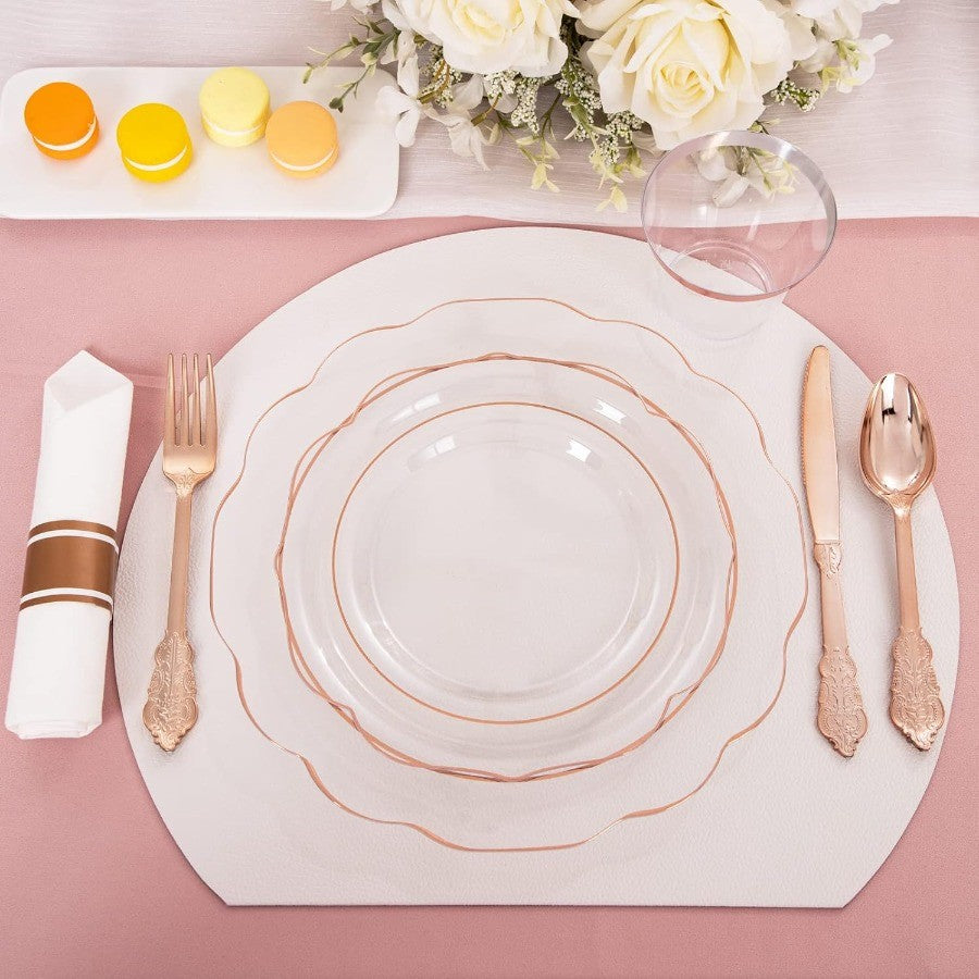 350PCS Rose Gold Plastic Plates Clear Rose Gold Disposable Dinnerware Set Include 100 Dinner Dessert Plates50 Cups 50 Pre Rolle