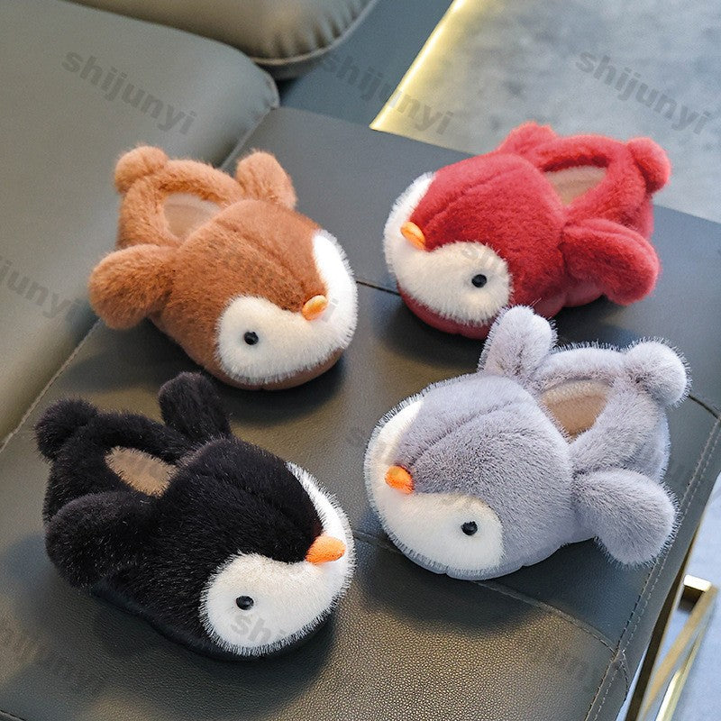 Cute Penguin Boys' Girls' Cotton Slippers 2025 New Winter Fashion Children's Eva Cotton Shoes Non Slip Warm Velvet Home Slippers