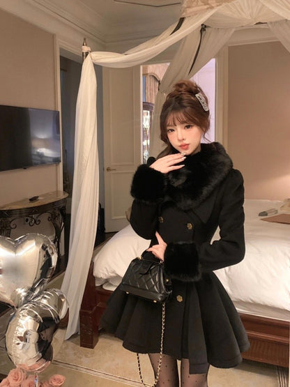 Vintage Black Wool Blends Coats Women Elegant Faux Collar Woolen Jacket Korean Long Sleeve Outerwears Winter Design Overcoat New