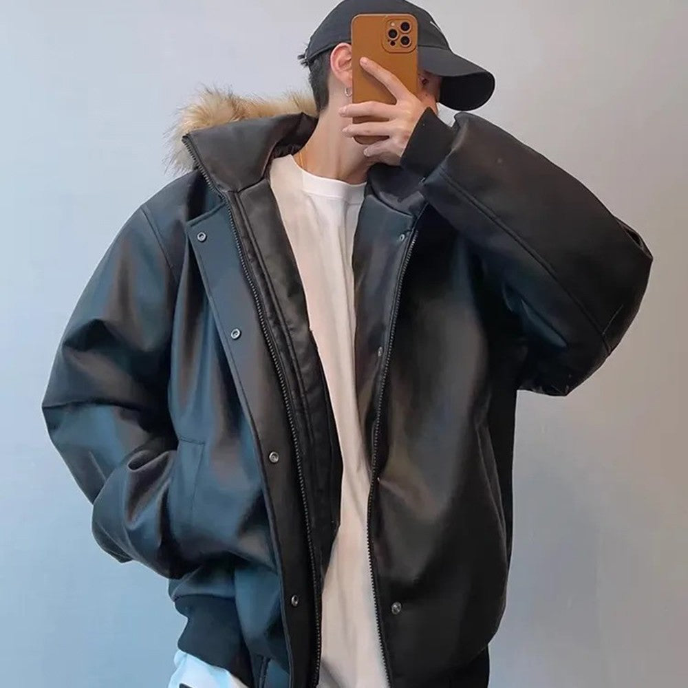 Winter American retro fashion brand handsome all-match warm detachable hat heavy PU leather cotton coat thickened jacket for men