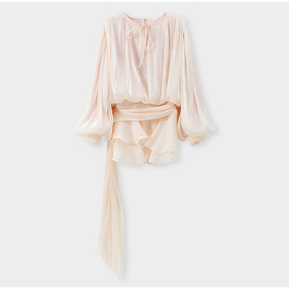 Elegant Ruffles Shiny Mini Dresses Fashion Solid Long Sleeve Lace Up V Neck Plea