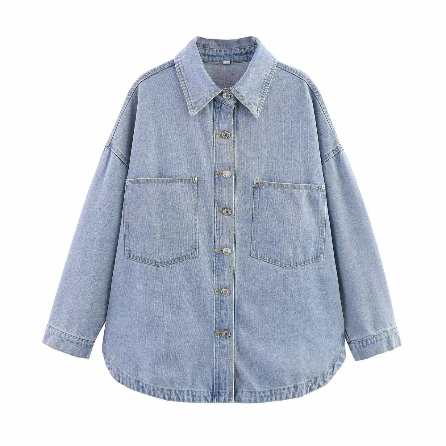 Summer New Style Simple Retro Loose Casual Denim Shirt Jacket Women's Button up Shirt Full Sleeve Regular Fit Blend Fabric