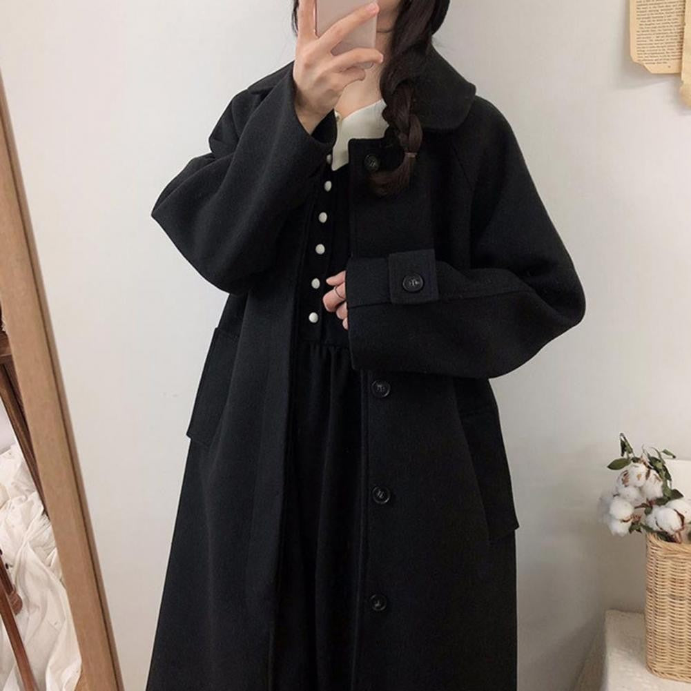 Japanese Style Women Woolen Coat Turn-down Collar Single-breasted Pockets Women Overcoat Front Placket Cardigan Thick Wool Coat