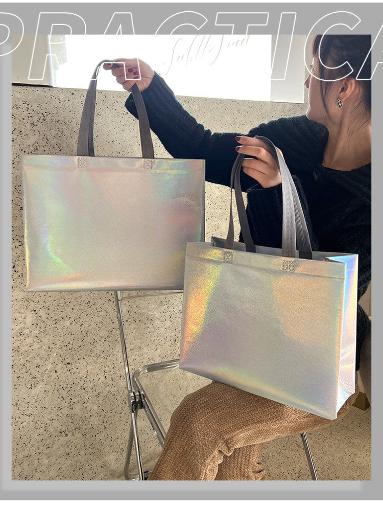 10Pcs Reusable Silver Laser Tote Bag Durable Non Woven Gift Shopping Bag for Wedding Bridesmaid Party Birthday Eco Friendly