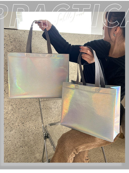 10Pcs Reusable Silver Laser Tote Bag Durable Non Woven Gift Shopping Bag for Wedding Bridesmaid Party Birthday Eco Friendly