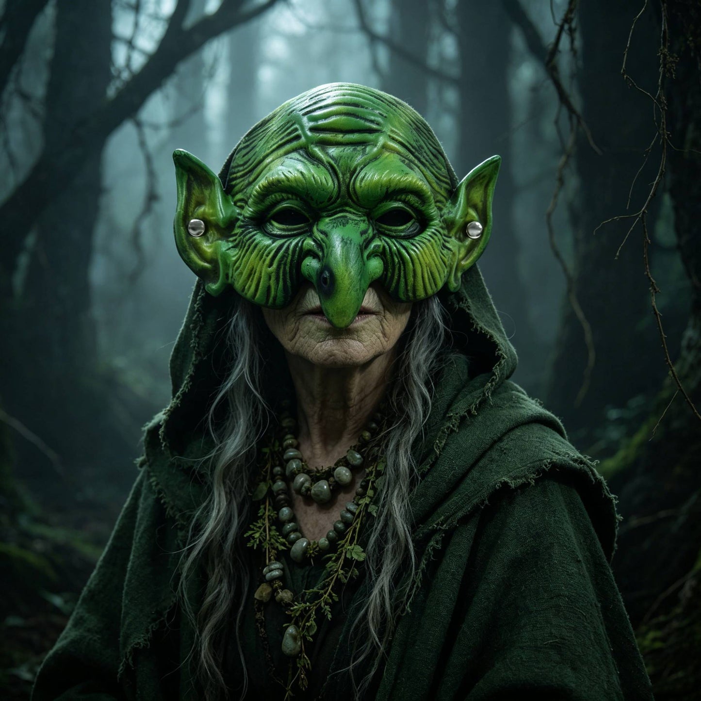 Halloween Half Face Cosplay Mask Soft Skin-Friendly Silicone Vintage Green Party Mask for Medieval Fantasy Costume Prop