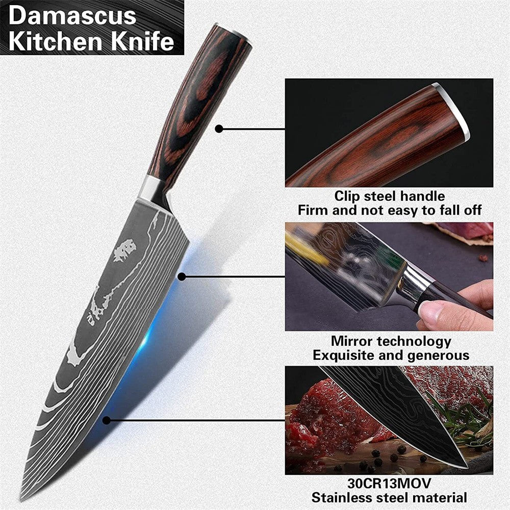 Faca de Chef ZENG Conjunto de Facas de Cozinha em Aço Inoxidável Padrão Aço Damasco Cutelo Fatiador Frutas Santoku Faca de Chef Ferramenta de Cozinha
