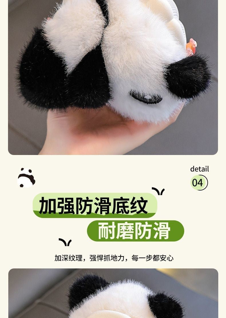 Cute panda children's slippers girls indoor slip on shoes, 2025 cartoon animal fur slippers house children flip flops