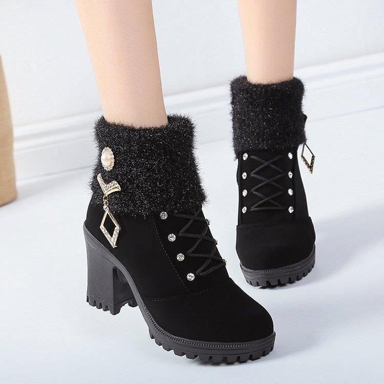 Women's Designer High Heels Shoes 2023 Winter New Warm Non-slip Block Cow Suede Warm Snow Boots Fashion Crystal Plush Goth Botas