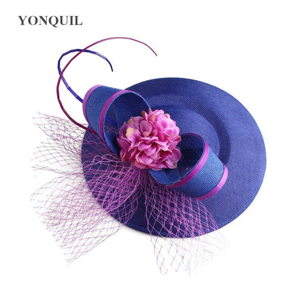 Novo Design Amarelo Com Cabelo Roxo Fascinator Chapéu Tiara Nupcial Casamento Festa Adereço de Cabelo Malha Senhoras Ocasião Acessórios de Cabelo
