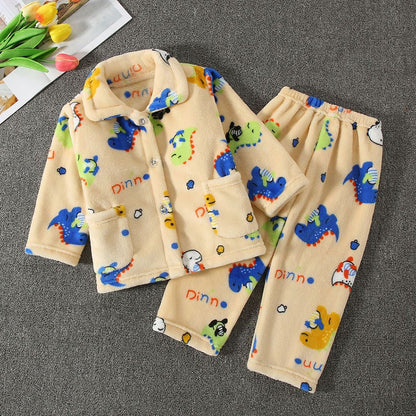 High Quality Coral Fleece Flannel Cute Cartoon Pattern Pajama Sets Boys and Girls Long Sleeve Warm Comfortable Winter Sleepwear