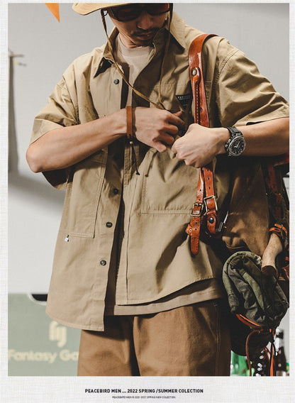 Summer hawaiian Casual Cargo Shirt For Men Oversized Short Sleeve Tee Shirts Y2K Streetwear Button Blouses Outdoor Masculino