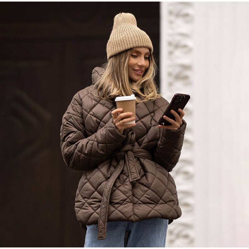 Solid Lapel Lace Up Cotton Coat Women Fashion Long Sleeve Warm Loose Pocket Short Coats Lady New Winter Commute Street Outwears