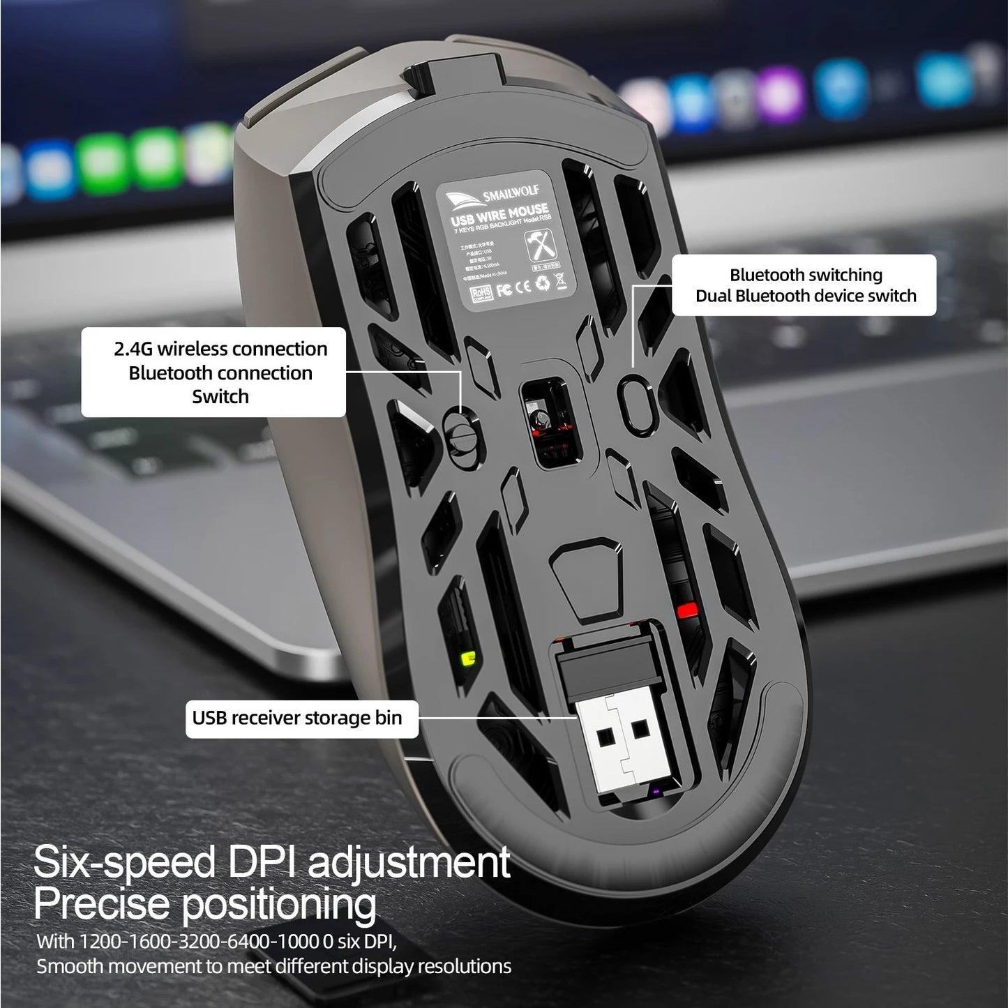 Mouse Gamer Sem Fio Ergonômico SmailWolf RS8, Tri-Modo com Design Oco Ultraleve, 1000Hz e Bateria de Longa Duração
