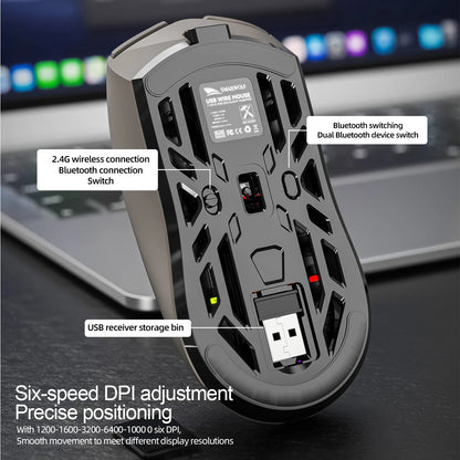 Mouse Gamer Sem Fio Ergonômico SmailWolf RS8, Tri-Modo com Design Oco Ultraleve, 1000Hz e Bateria de Longa Duração