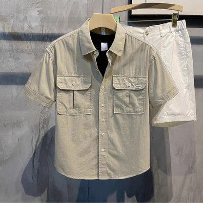 Men Trendy Vintage Lapel Pockets Casual Streetwear Cargo Shirts Summer Youth Solid Short Sleeve Loose Tops Camisas De Hombre