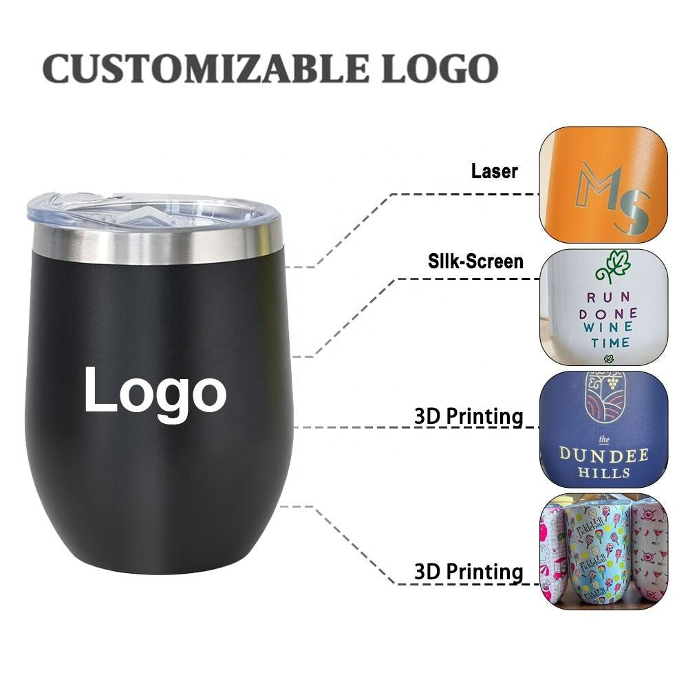 50pcs Custom 12oz Double Wall Stainless Steel Wine Tumbler Insulated Vacuum Egg Shape Wine Tumbler with Sliding Lids