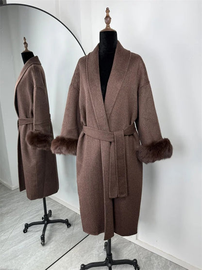 Casacos Curtos de Lã Elegantes com Cadarço Sólido Lapela Solta Cinto Peludo Manga Longa Jaqueta Feminina 2025 Outono Inverno Lady Chique Cardigãs