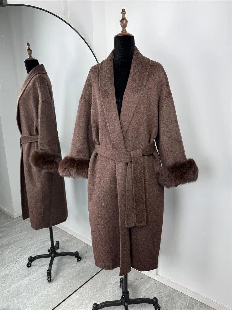 Casacos Curtos de Lã Elegantes com Cadarço Sólido Lapela Solta Cinto Peludo Manga Longa Jaqueta Feminina 2025 Outono Inverno Lady Chique Cardigãs