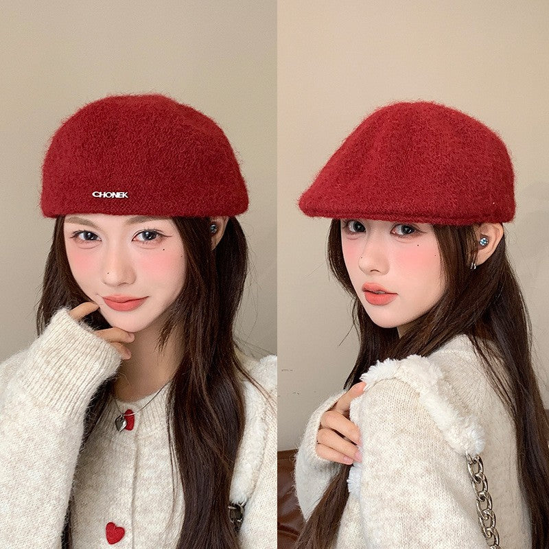 Autumn British Style Beret Hat Lady Vintage Flat Cap Winter Keep Warm Knitted Hat All-match Peaked Cap Forward Hat Wholesale