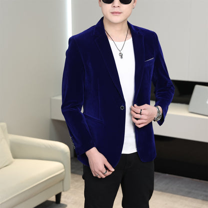 Gold Velvet Suit Men's Trendyy Performance Suit Spring & Fall All Year Round Slim Thin Youth Dress Groomsmen Groom's Dress Wedding Party Suit