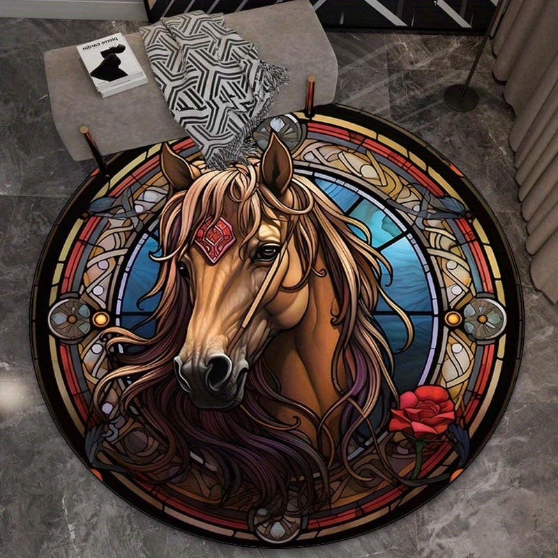 Round Crystal Velvet Rug Stained Glass Horse Art Portrait Animal Design Elegant Home Decor Living Room Floor Mat