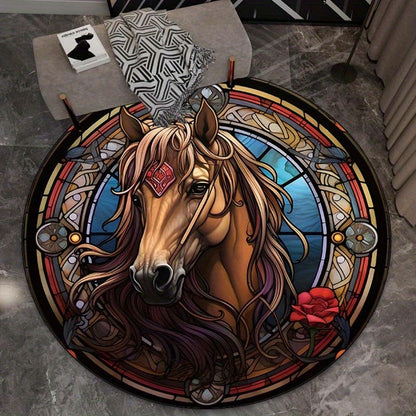 Round Crystal Velvet Rug Stained Glass Horse Art Portrait Animal Design Elegant Home Decor Living Room Floor Mat