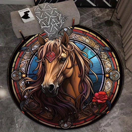 Round Crystal Velvet Rug Stained Glass Horse Art Portrait Animal Design Elegant Home Decor Living Room Floor Mat