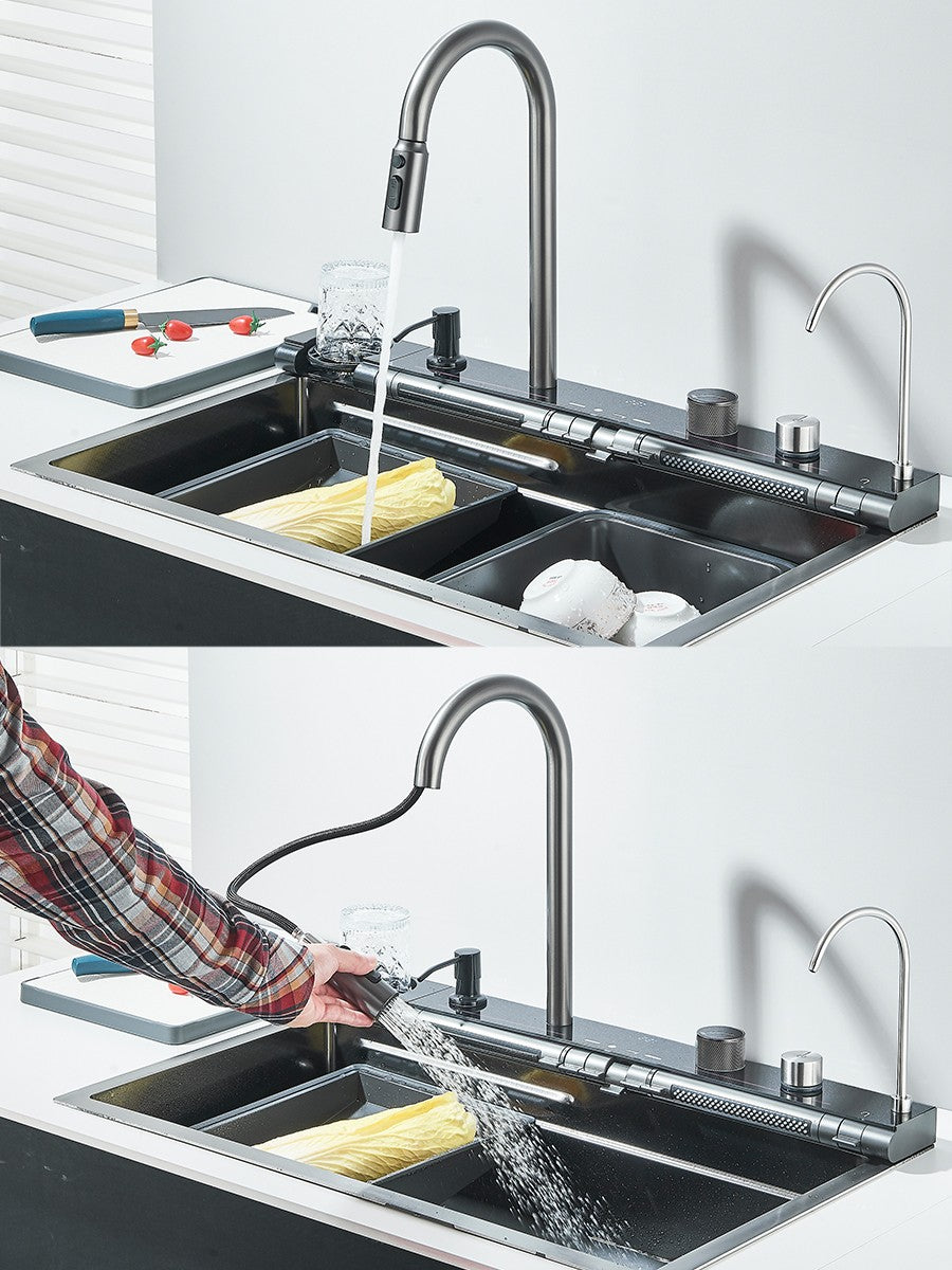 304 Stainless Steel Kitchen Sink Double Waterfall Single Slot Integrated Digital Display Faucet Set Soap dispenser Cup Washer