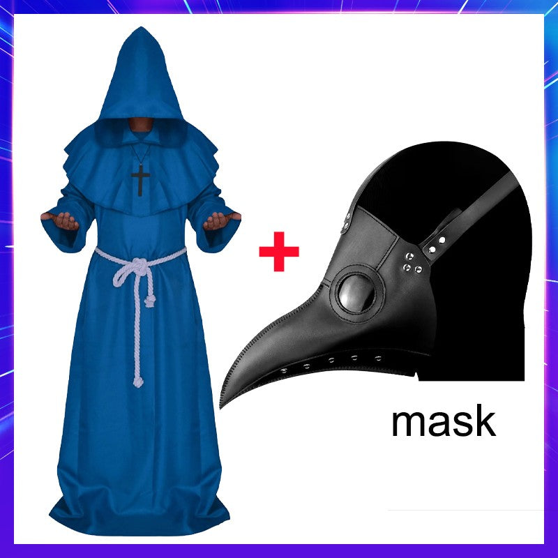 Halloween Wizard Cosplay Medieval Monk Hooded Robe Costume Mask Hat For Men Steampunk Priest Horror Masquerade Unisex Cloak Cape