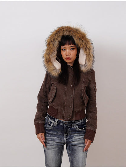 Vintage Brown Short Hooded Jacket Women's Full Sleeve Slim Detachable Fur Collar 2025 NEW Winter  Autumn Female Outerwear