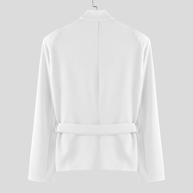 INCERUN Men Blazer Solid Stand Collar Long Sleeve Hollow Out Male Suit Streetwear Personality Fashion Casual Blazer With Belt