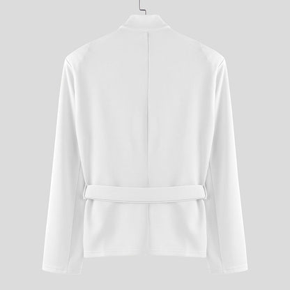 INCERUN Men Blazer Solid Stand Collar Long Sleeve Hollow Out Male Suit Streetwear Personality Fashion Casual Blazer With Belt