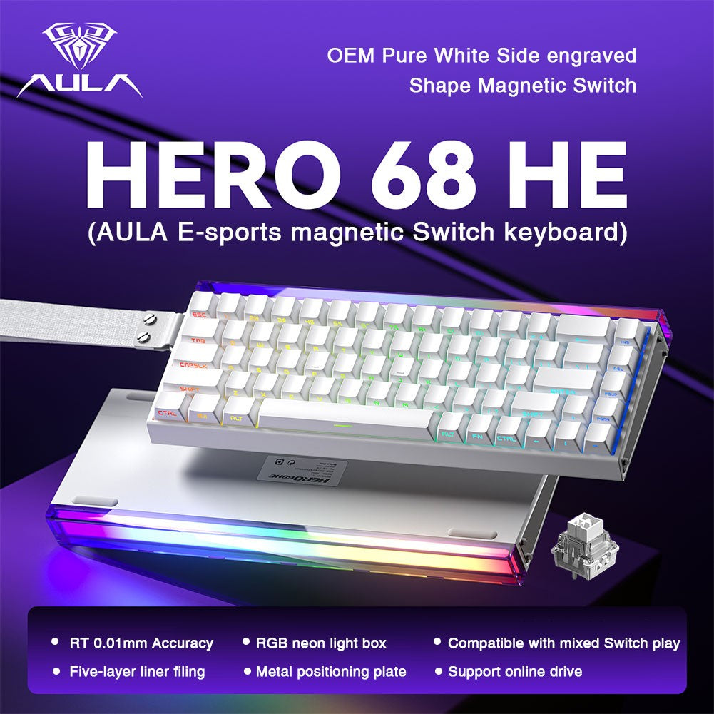 Teclado AULA HERO 68HE com Switch Magnético, Rapid Trigger, 8K de Retorno, Teclado Gamer de Esports, RGB com Fio